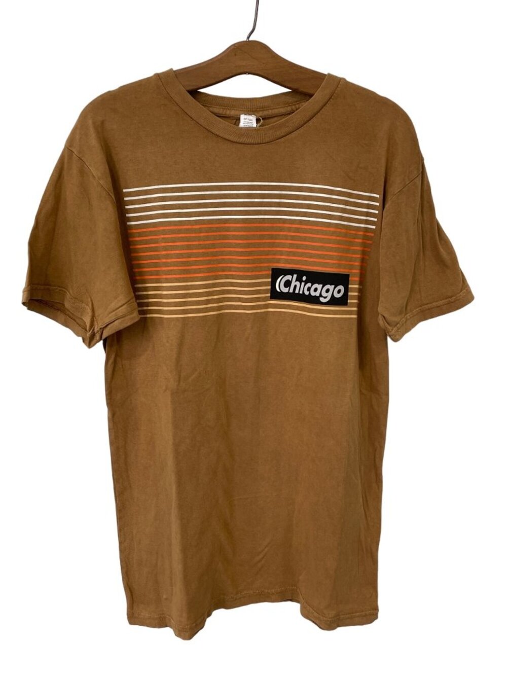 Good Land Supply Co. Graphic Tee Medium Chicago Stripe Camel Cotton Shirt NEW